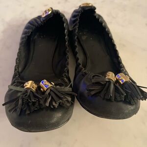 Tory Burch Black Leather Flats with Gold Accents